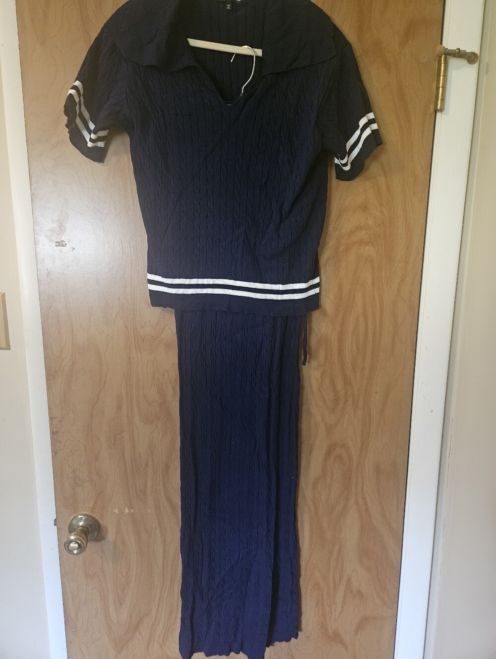 Navy Blue Women's Two-Piece Knit Pants Set with White Stripes